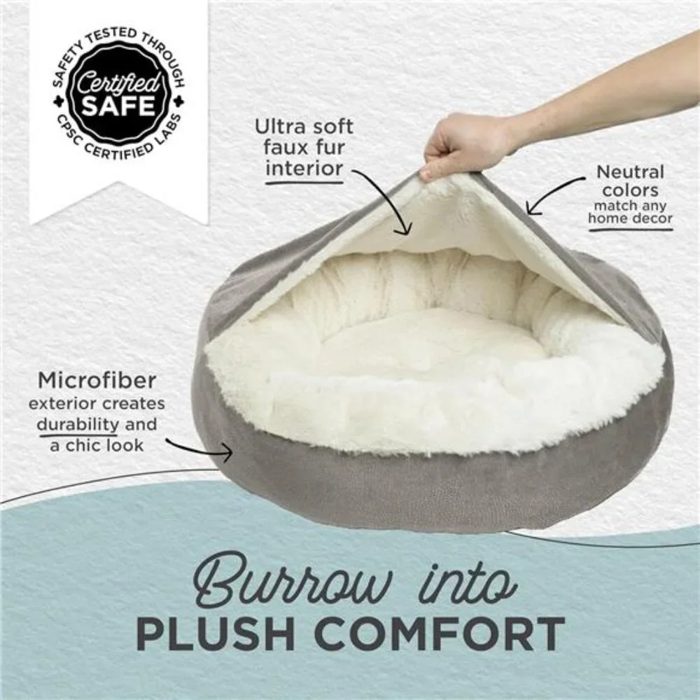 Cozy Cat Bed Dog Bed with Attached Blanket Round Donut Plush Soft Pet Bed Gray